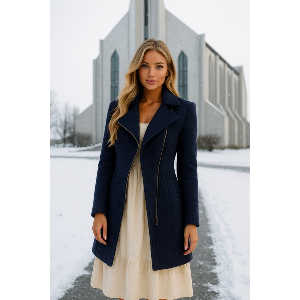 Guess Los Angeles Wool Coat Navy Asymmetrical Zip Quiet Luxury Cottagecore Trend